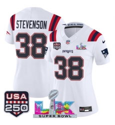 Women New England Patriots 38 Rhamondre Stevenson White 2025 F U S E  Super Bowl LX Patch And USA 250 27 Patch Vapor Limited Football Stitched Jersey 