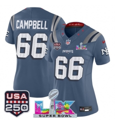Women New England Patriots 66 Will Campbell Storm Blue 2025 F U S E Super Bowl LX  USA 250 Patch Rivalries Vapor Limited Football Stitched Jersey 