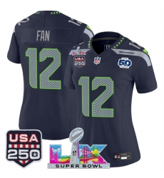 Women Seattle Seahawks 12 Fan Navy 2025 F U S E  Super Bowl LX Patch And 50th Season  26 USA 250 27 Patch Vapor Limited Football Stitched Jersey 
