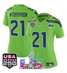 Women Seattle Seahawks 21 Devon Witherspoon Green 2025 F U S E  Super Bowl LX Patch And 50th Season  26 USA 250 27 Patch Vapor Limited Football Stitched Je
