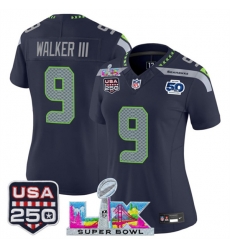 Women Seattle Seahawks 9 Kenneth Walker III Navy 2025 F U S E  Super Bowl LX Patch And 50th Season  26 USA 250 27 Patch Vapor Limited Football Stitched Jer