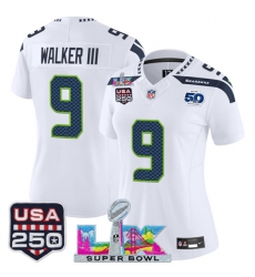 Women Seattle Seahawks 9 Kenneth Walker III White 2025 F U S E  Super Bowl LX Patch And 50th Season  26 USA 250 27 Patch Vapor Limited Football Stitched Je