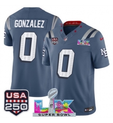 Youth New England Patriots 0 Christian Gonzalez Storm Blue 2025 F U S E  Super Bowl LX  USA 250 Patch  Rivalries Vapor Limited Stitched Football Jersey