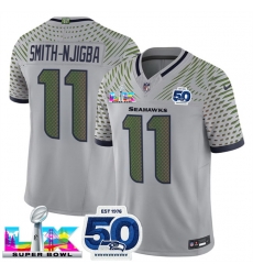 Men Seattle Seahawks 11 Jaxon Smith Njigba Grey 2025 F U S E  Super Bowl LX Patch And 50th Season Patch  Rivalries Vapor Limited Stitched Football Jersey
