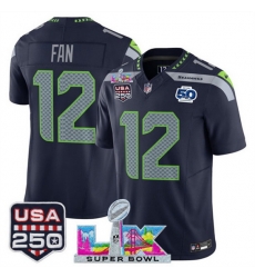 Men Seattle Seahawks 12 Fan Navy 2025 F U S E  Super Bowl LX Patch And 50th Season Patch Vapor Limited Stitched Football Jersey
