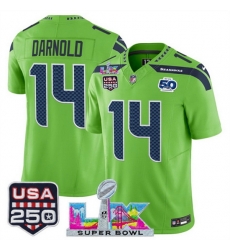 Men Seattle Seahawks 14 Sam Darnold Green 2025 F U S E Super Bowl LX Patch And 50th Season USA 250 Patch Vapor Limited Football Stitched Jersey Men Seattle Seahawks 14 Sam Darnold Green 2025 F U S E Super Bowl LX Patch And 50th Season USA 250 Patch Vapor Limited Football Stitched Jersey