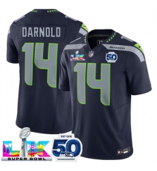 Men Seattle Seahawks 14 Sam Darnold Navy 2025 F U S E  Super Bowl LX Patch And 50th Season Patch Vapor Limited Stitched Football Jersey