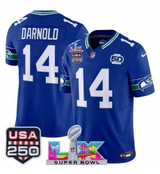 Men Seattle Seahawks 14 Sam Darnold Royal 2025 F U S E Super Bowl LX Patch And 50th Season USA 250 Patch Vapor Throwback Limited Stitched Football Jersey Men Seattle Seahawks 14 Sam Darnold Royal 2025 F U S E Super Bowl LX Patch And 50th Season USA 250 Patch Vapor Throwback Limited Stitched Football Jersey
