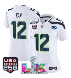 Women Seattle Seahawks 12 Fan White 2025 F U S E  Super Bowl LX Patch And 50th Season  26 USA 250 27 Patch Vapor Limited Football Stitched Jersey 