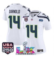Women Seattle Seahawks 14 Sam Darnold White 2025 F U S E  Super Bowl LX Patch And 50th Season  26 USA 250 27 Patch Vapor Limited Football Stitched Jersey 