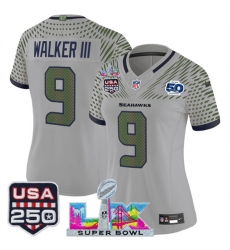 Women Seattle Seahawks 9 Kenneth Walker III Gray 2025 F U S E Super Bowl LX  US 250th anniversary Patch And 50th Season Patch Rivalries Vapor Limited Footb