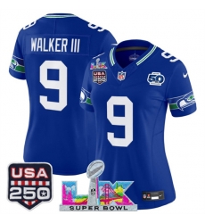 Women Seattle Seahawks 9 Kenneth Walker III Royal 2025 F U S E Super Bowl LX Patch And 50th Season  USA 250 Patch Vapor Throwback Limited Stitched Football